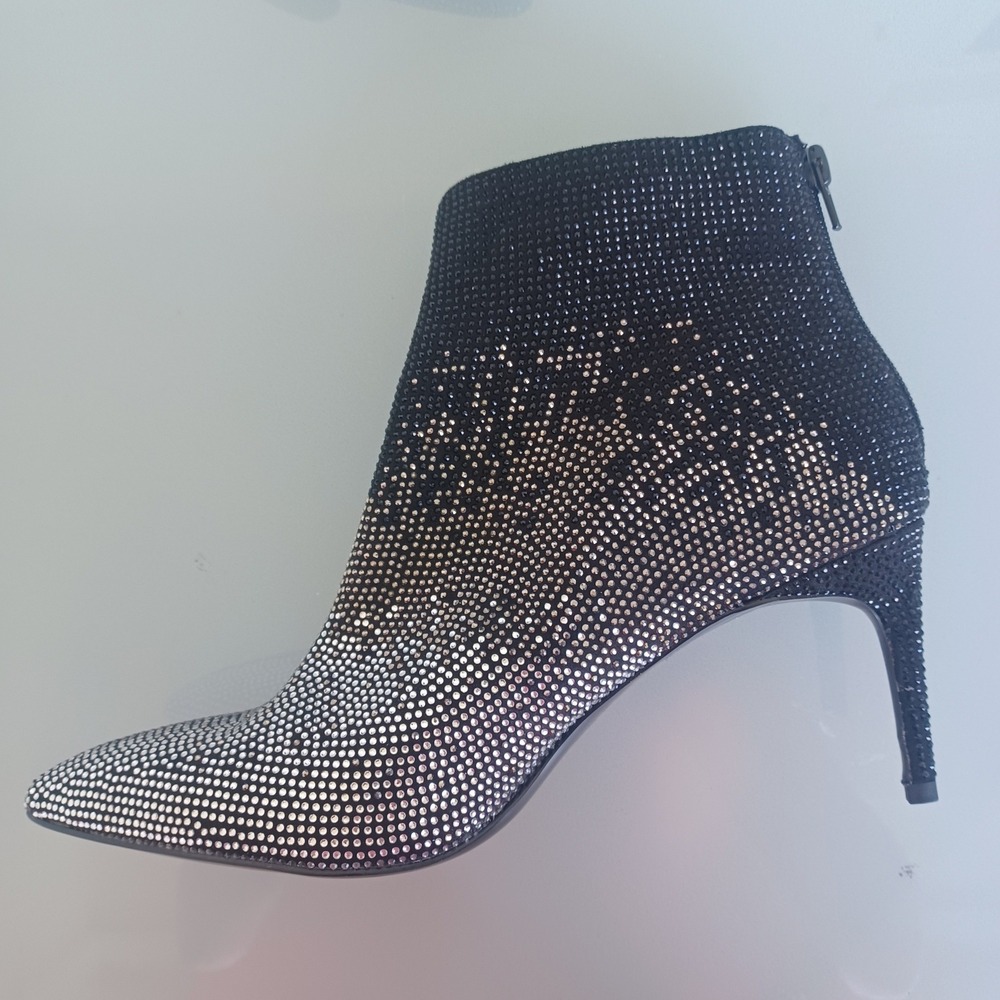 White House Black Market Rhinestone Ombre Ankle Bootie Black Silver Stiletto 10M